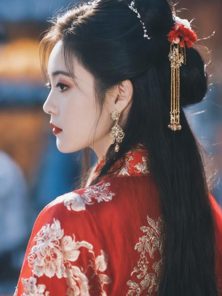 07114-3976677327-1girl, jewelry, black hair, earrings, solo, blurry background, long hair, blurry, hair ornament, upper body, dress, chinese clot.png